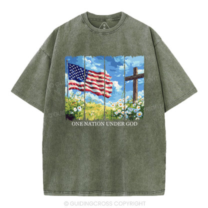 One Nation Under God Cross Christian Washed T-Shirt
