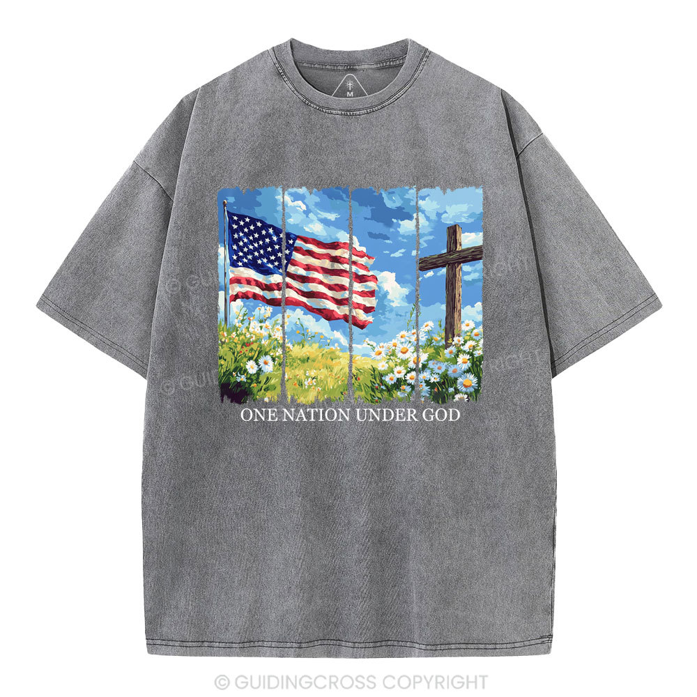 One Nation Under God Cross Christian Washed T-Shirt