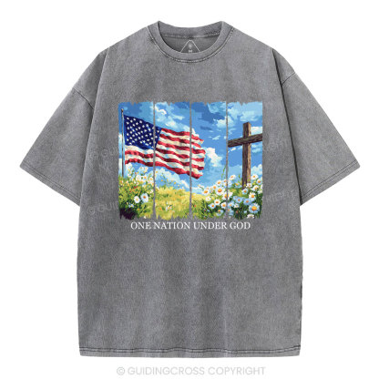 One Nation Under God Cross Christian Washed T-Shirt