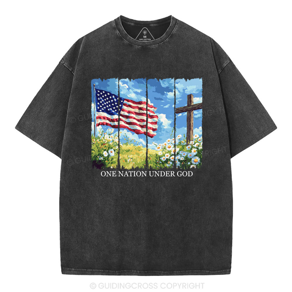 One Nation Under God Cross Christian Washed T-Shirt