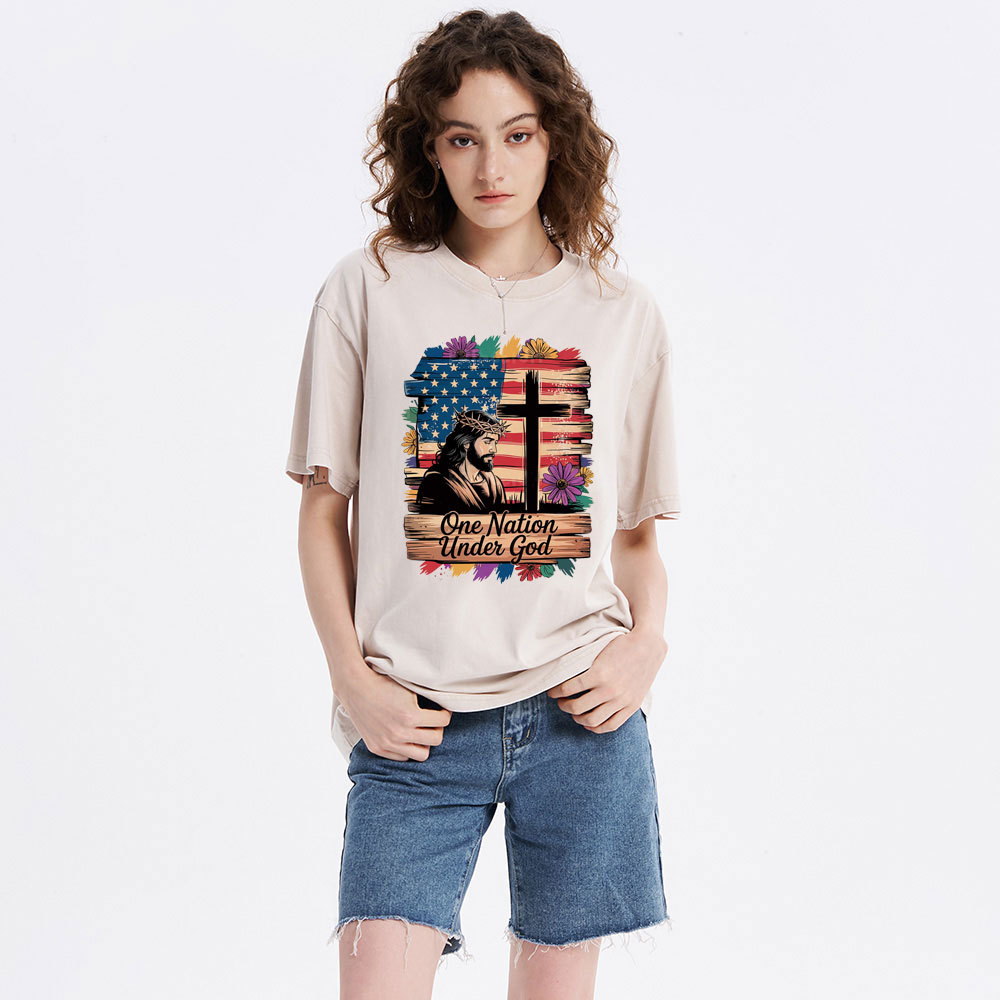 One Nation Under God Flower Christian Washed T-Shirt