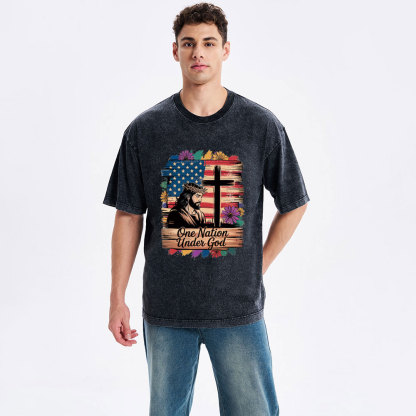 One Nation Under God Flower Christian Washed T-Shirt