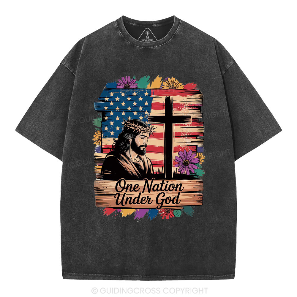 One Nation Under God Flower Christian Washed T-Shirt