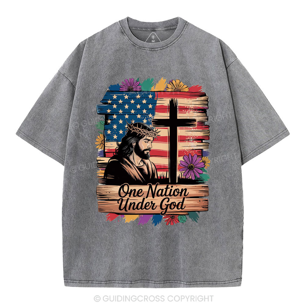 One Nation Under God Flower Christian Washed T-Shirt