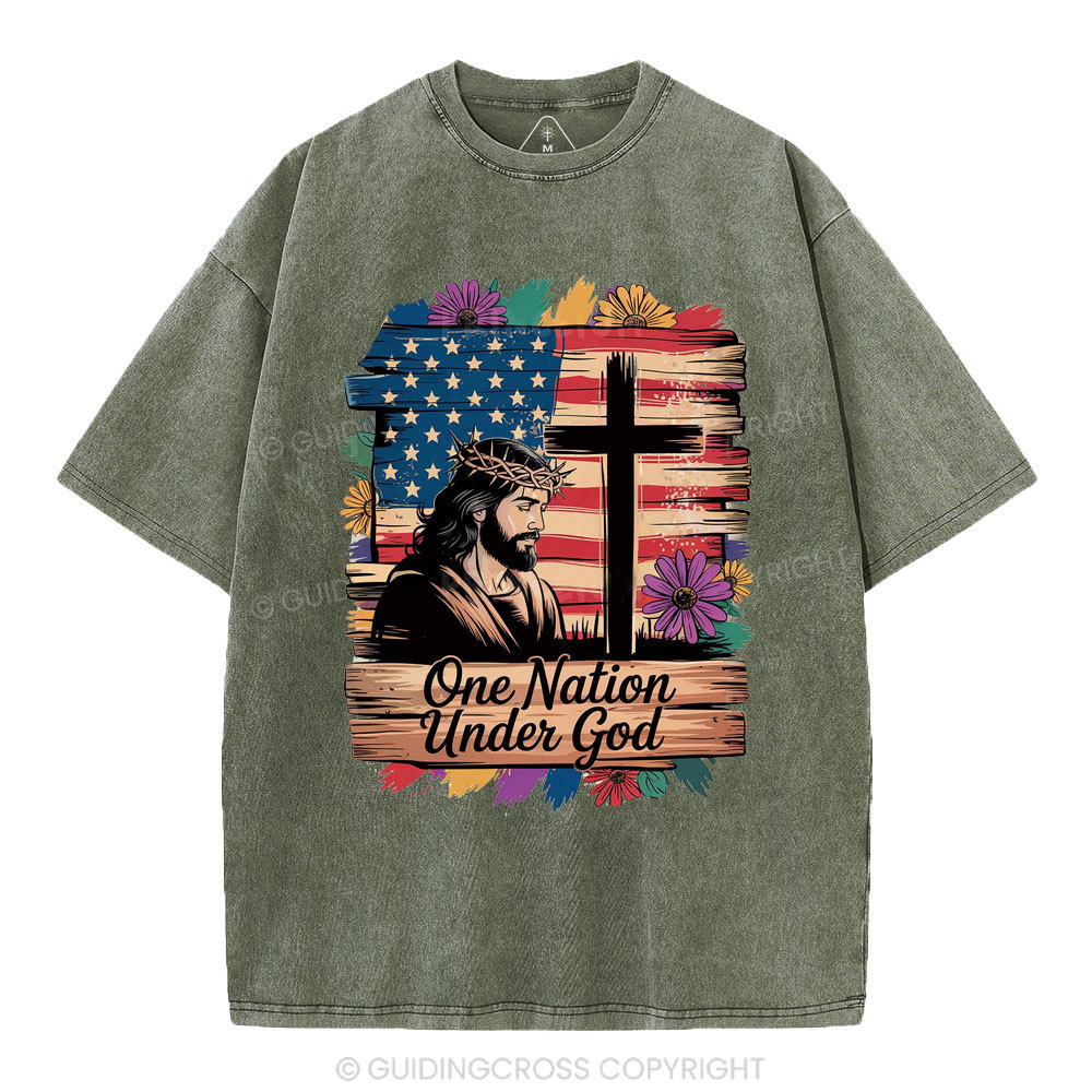 One Nation Under God Flower Christian Washed T-Shirt