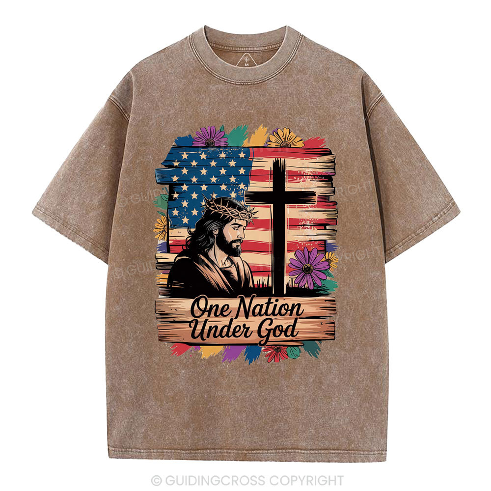 One Nation Under God Flower Christian Washed T-Shirt