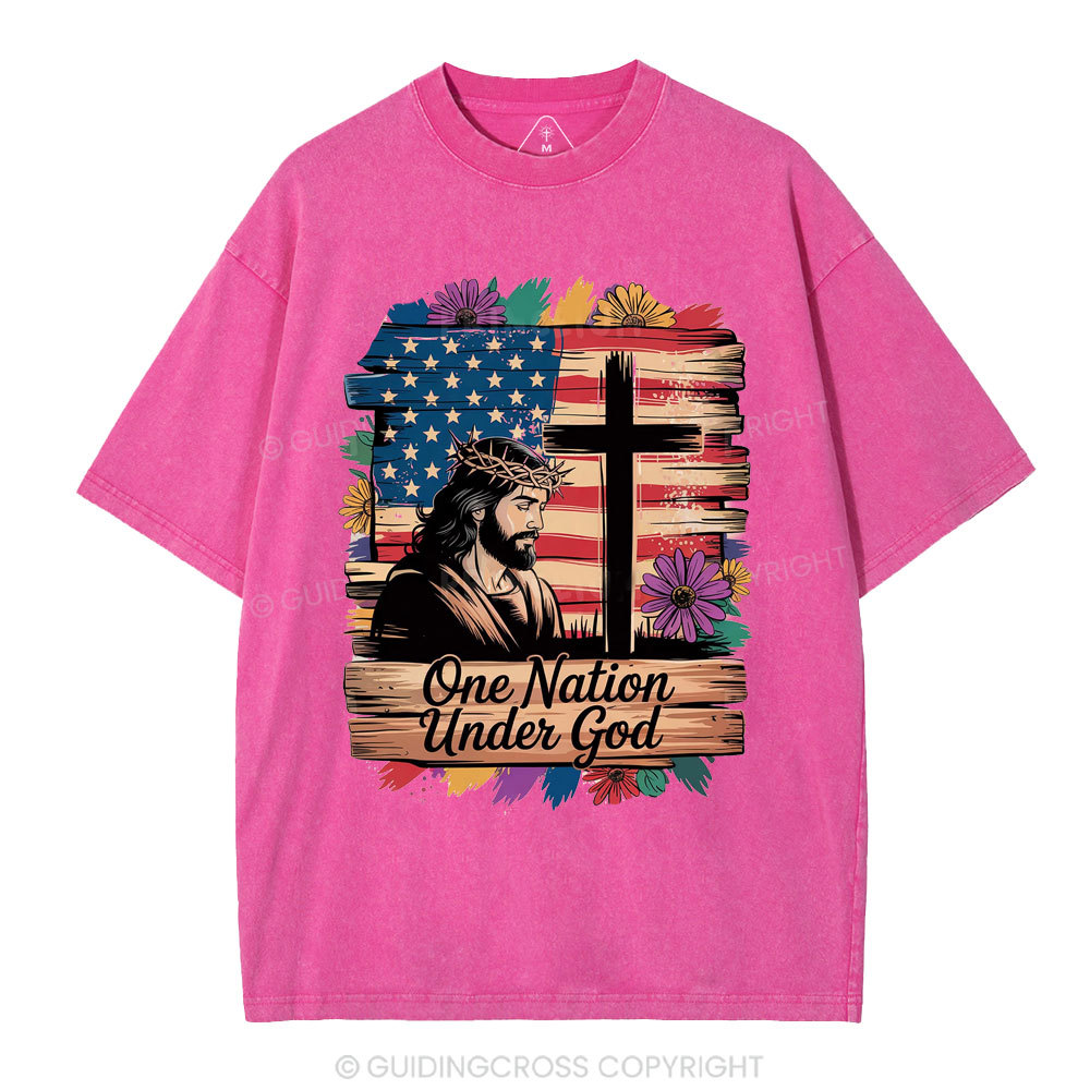 One Nation Under God Flower Christian Washed T-Shirt