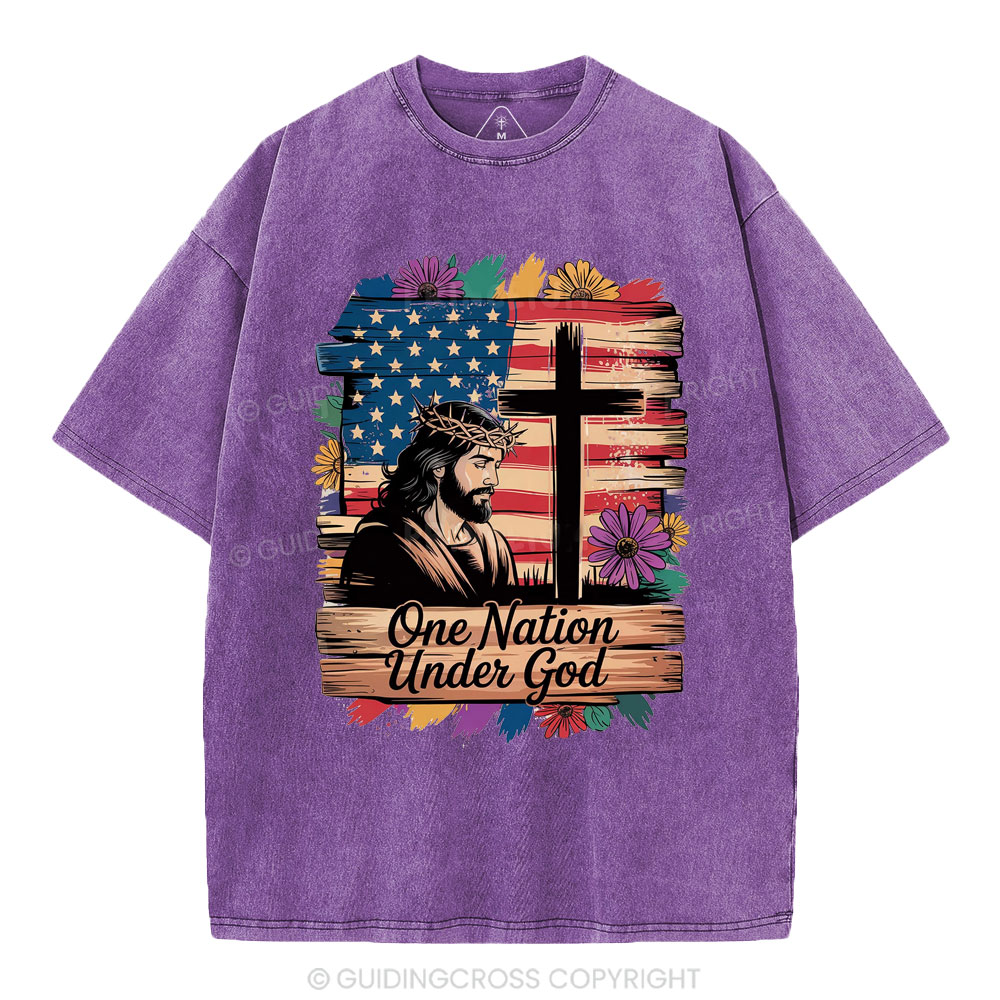 One Nation Under God Flower Christian Washed T-Shirt