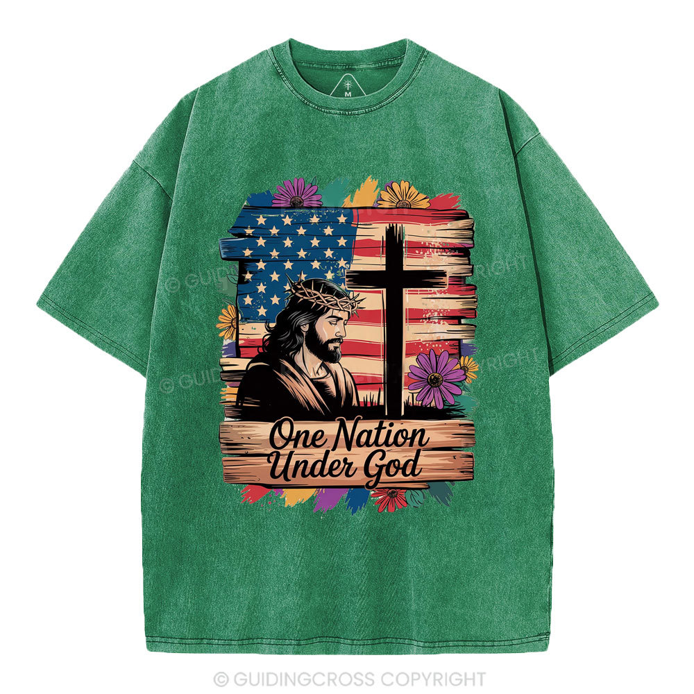 One Nation Under God Flower Christian Washed T-Shirt