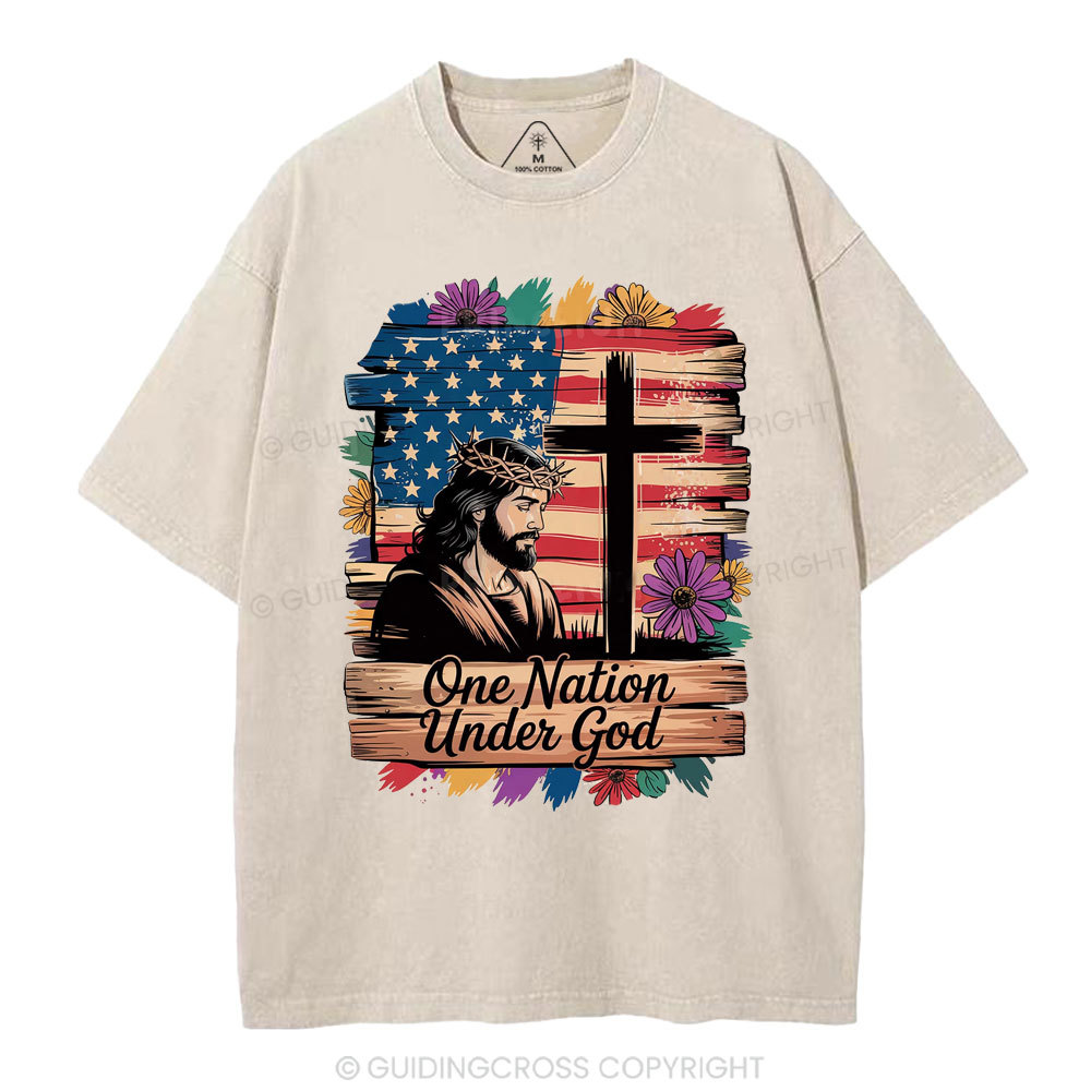 One Nation Under God Flower Christian Washed T-Shirt