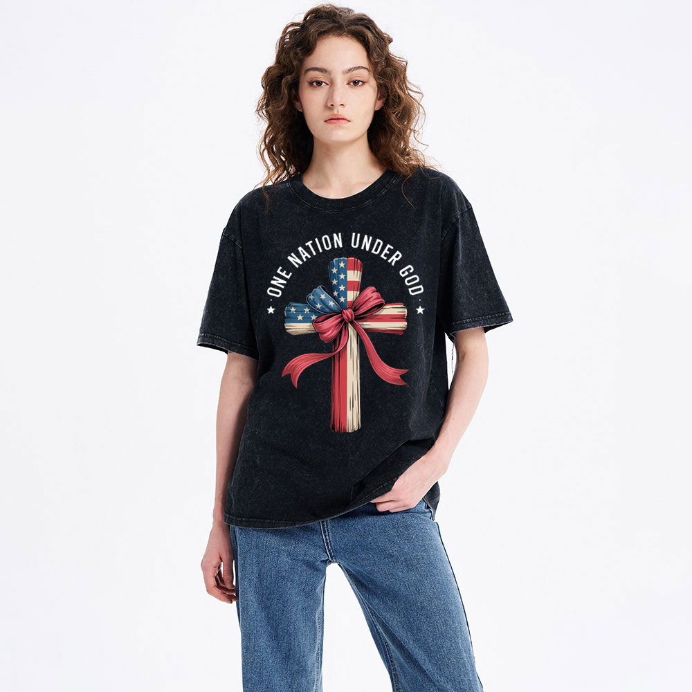 One Nation Under God Independence Day Christian Washed T-Shirt