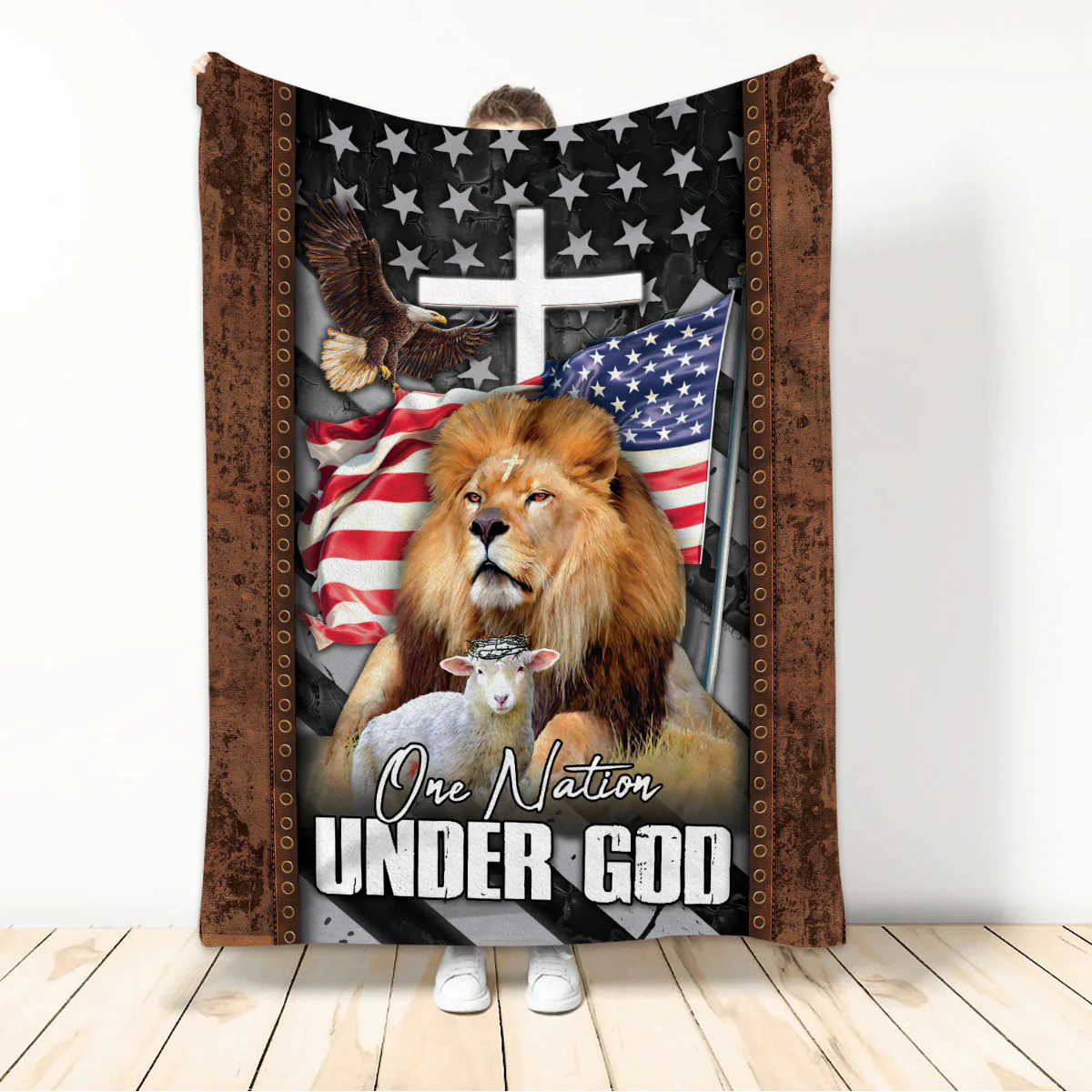 One Nation Under God Vintage Eagle Lion Lamb Jesus Cross Christian Blanket