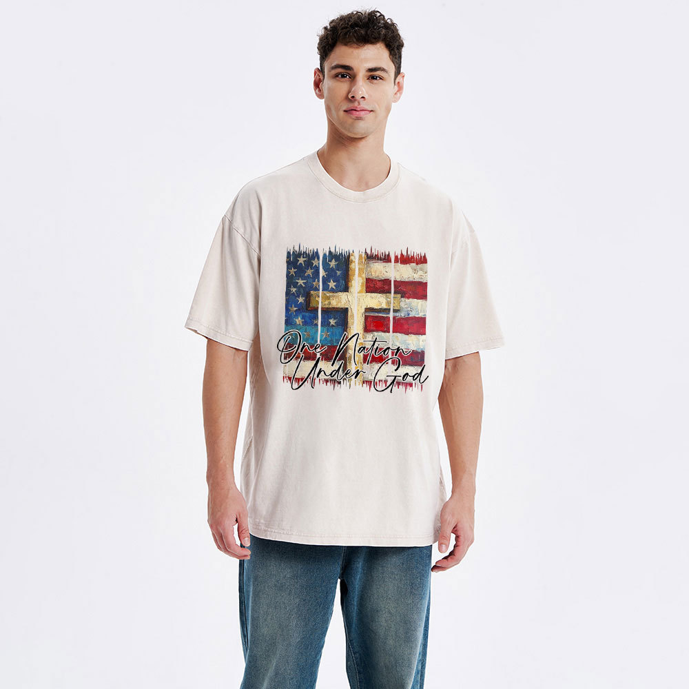 One Nation Under One God Cross Christian Washed T-Shirt