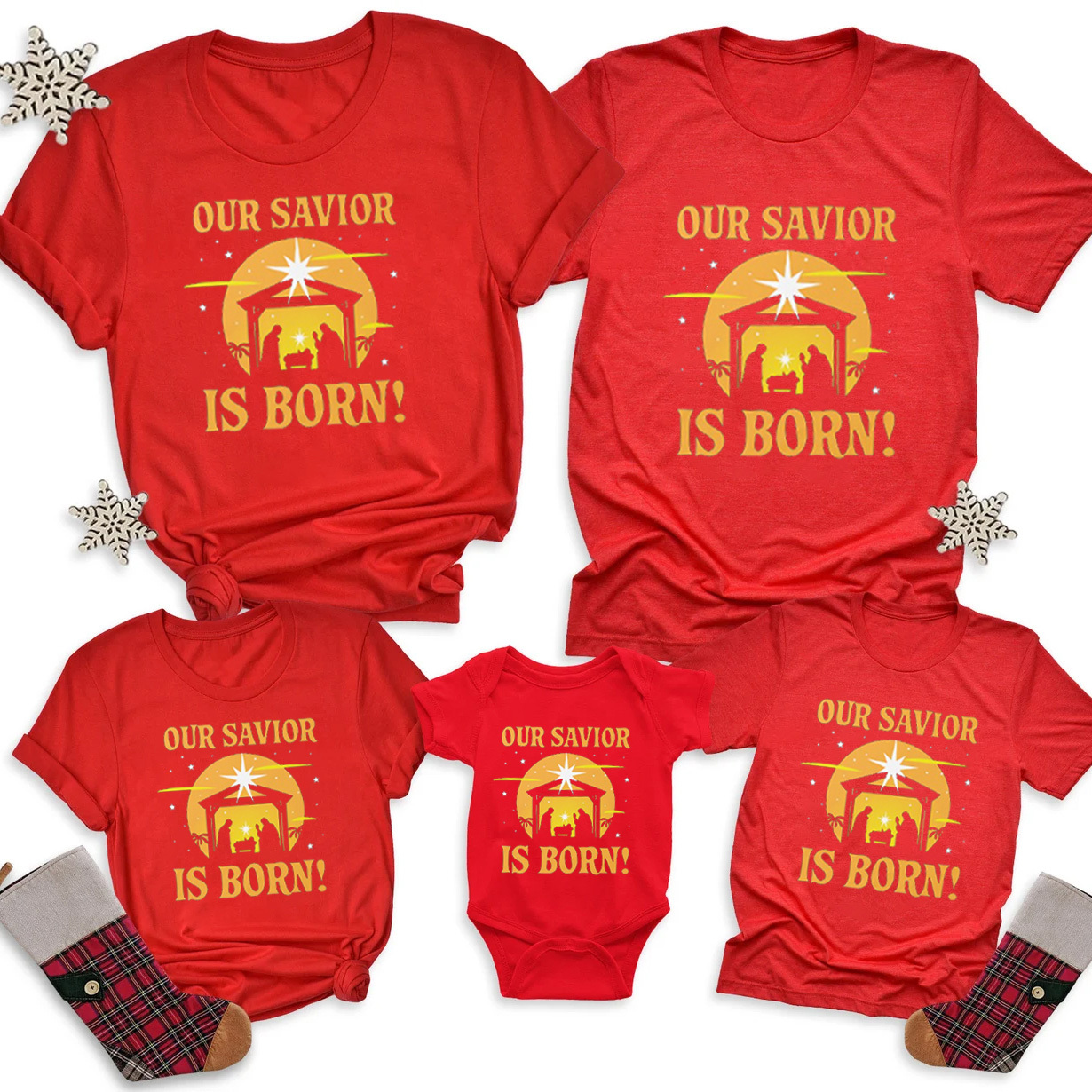 Our Savior Is Born Christian Christmas Family Matching Shirts