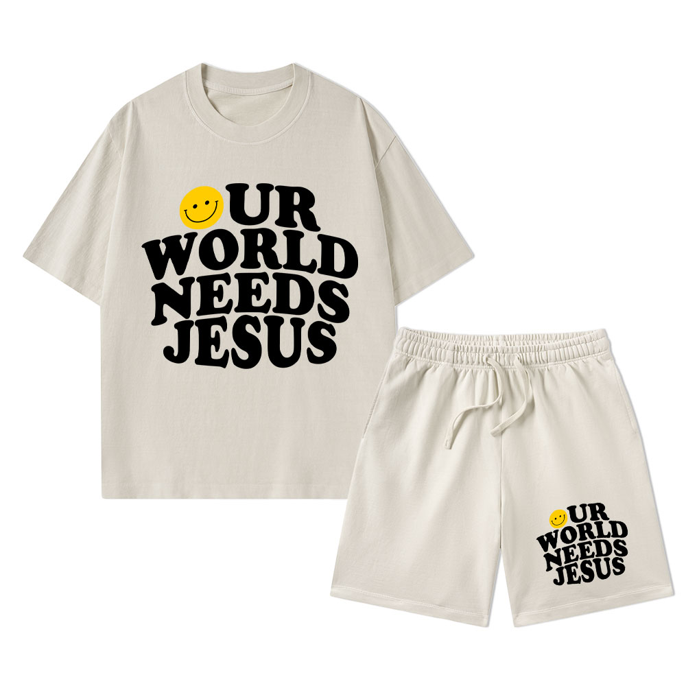 Our World Needs Jesus Christian Washed T-Shirt & Shorts