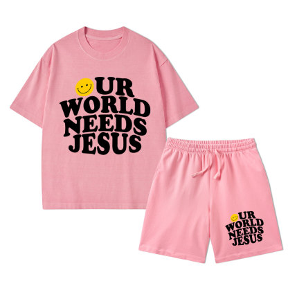 Our World Needs Jesus Christian Washed T-Shirt & Shorts