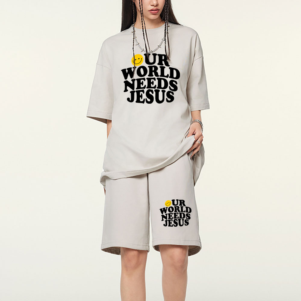 Our World Needs Jesus Christian Washed T-Shirt & Shorts
