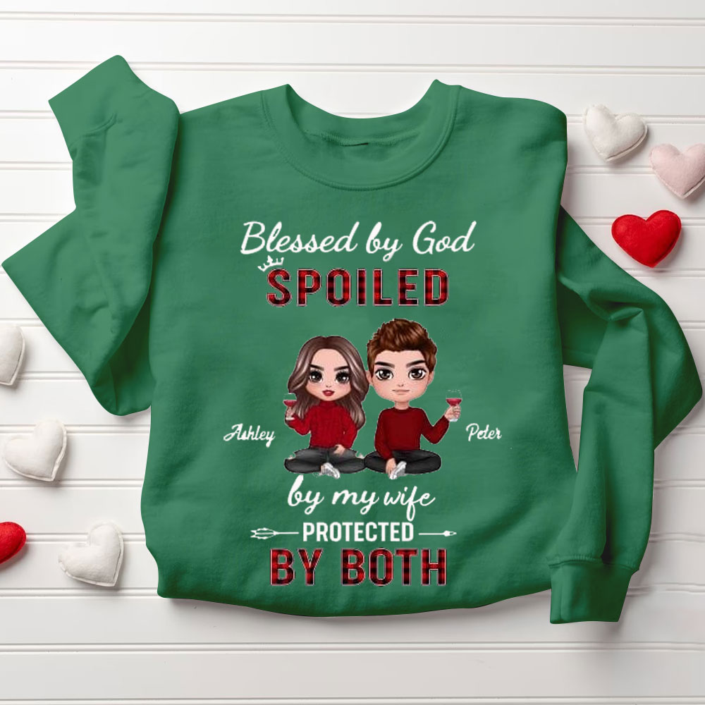 Personalized Blessed By God Spoiled By My Husband & Wife Christian Couple Sweatshirt