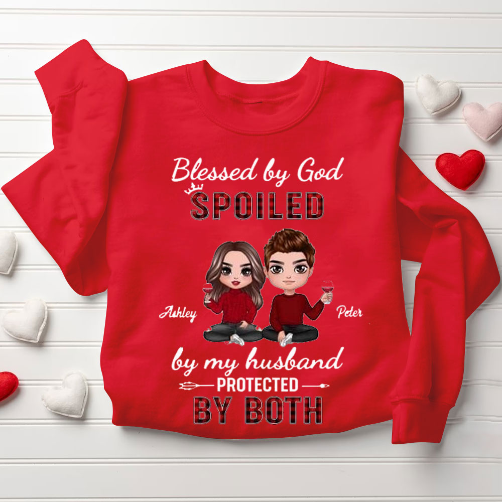 Personalized Blessed By God Spoiled By My Husband & Wife Christian Couple Sweatshirt
