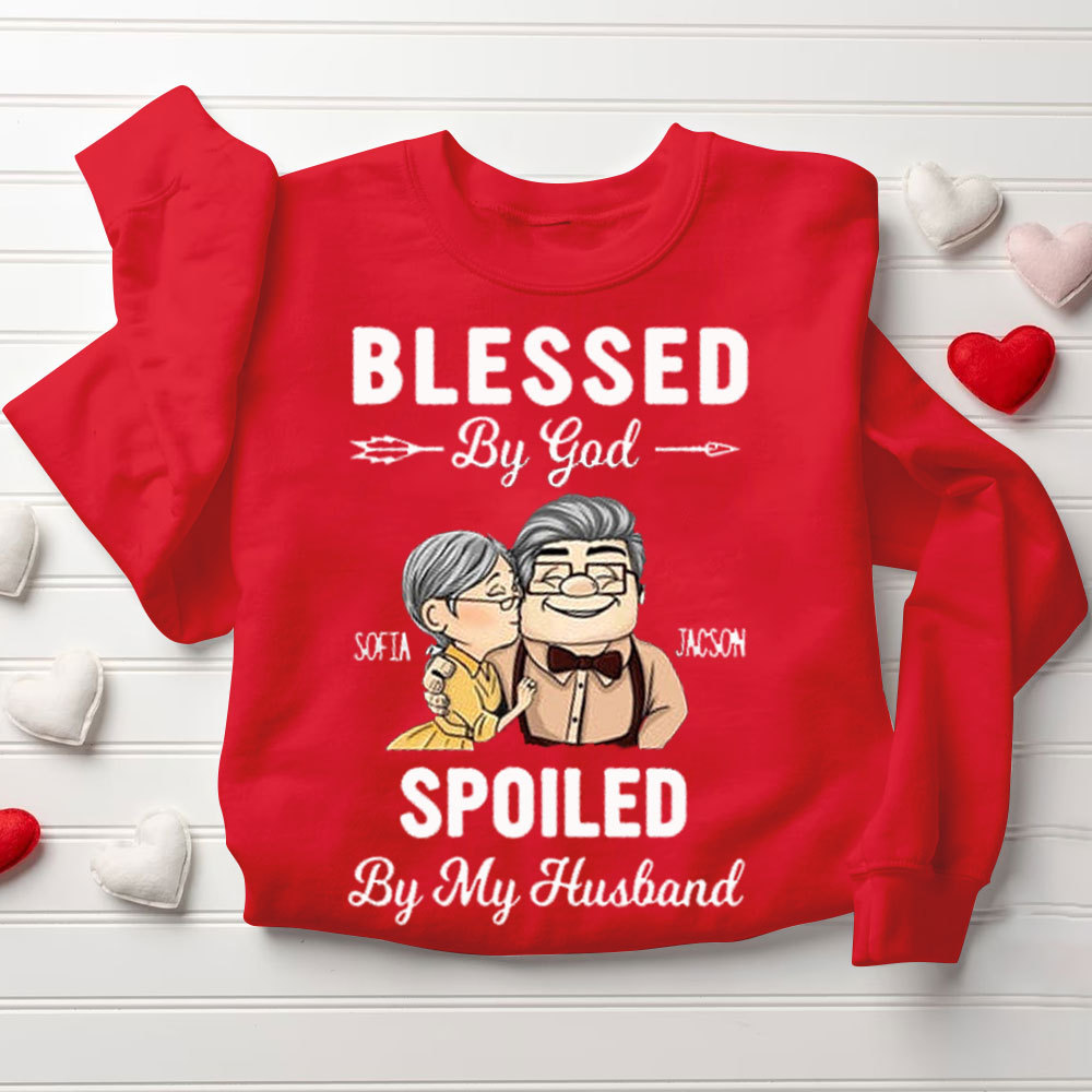 Personalized Blessed By God Spoiled By My Husband & Wife Christian Couple Sweatshirt