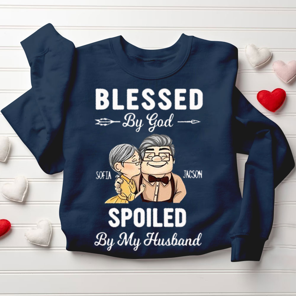 Personalized Blessed By God Spoiled By My Husband & Wife Christian Couple Sweatshirt
