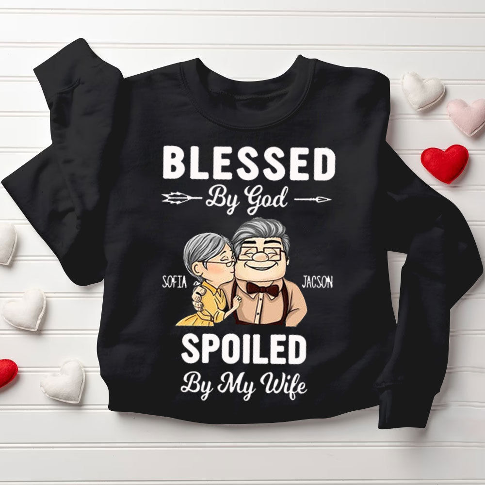 Personalized Blessed By God Spoiled By My Husband & Wife Christian Couple Sweatshirt