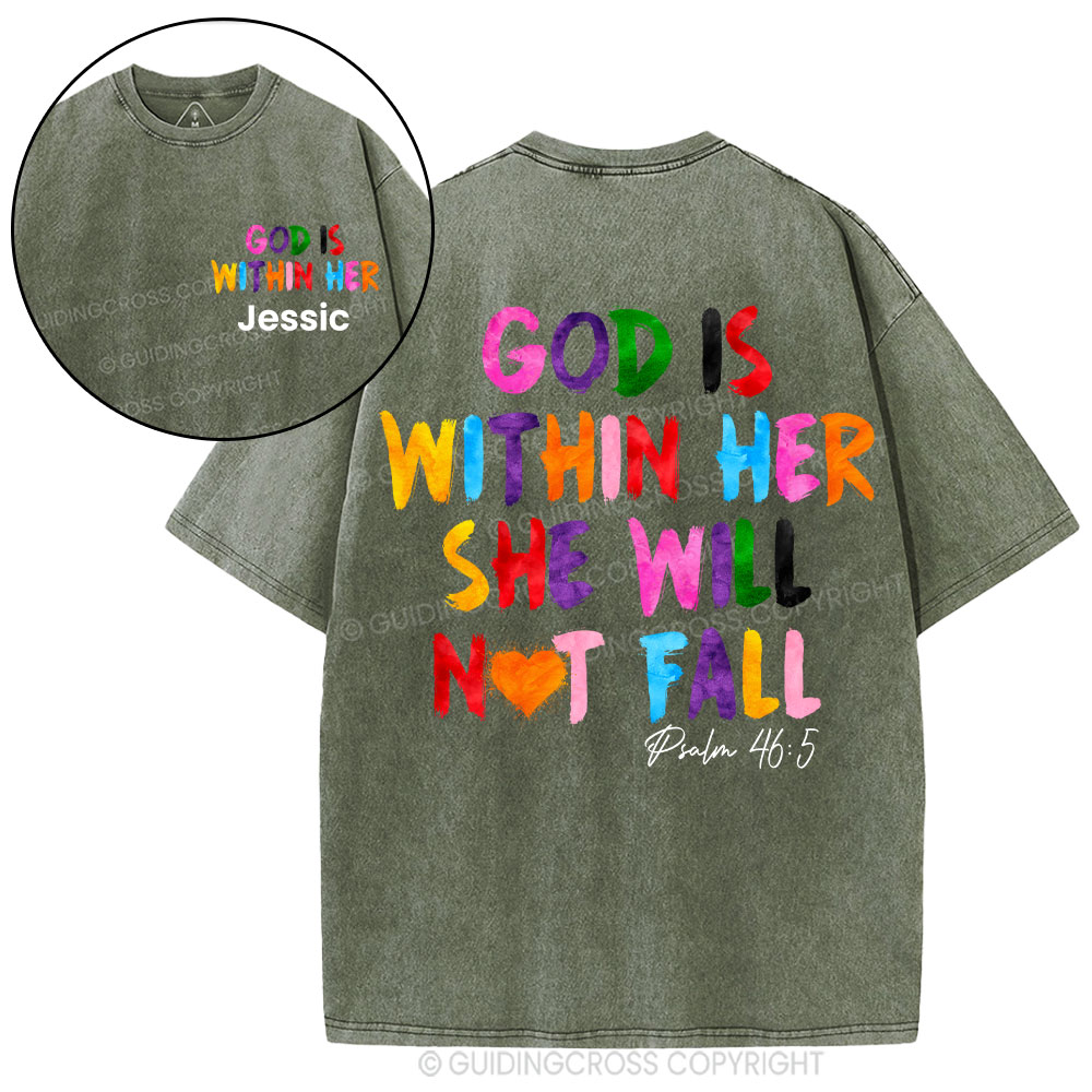 Personalized God Is Within Her She Will Not Fall Christian Washed T-Shirt