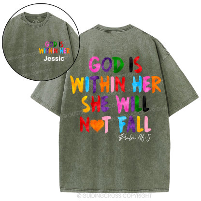 Personalized God Is Within Her She Will Not Fall Christian Washed T-Shirt
