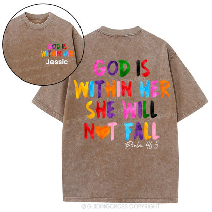 Personalized God Is Within Her She Will Not Fall Christian Washed T-Shirt