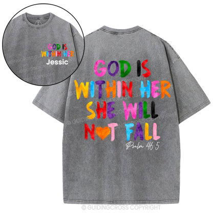 Personalized God Is Within Her She Will Not Fall Christian Washed T-Shirt
