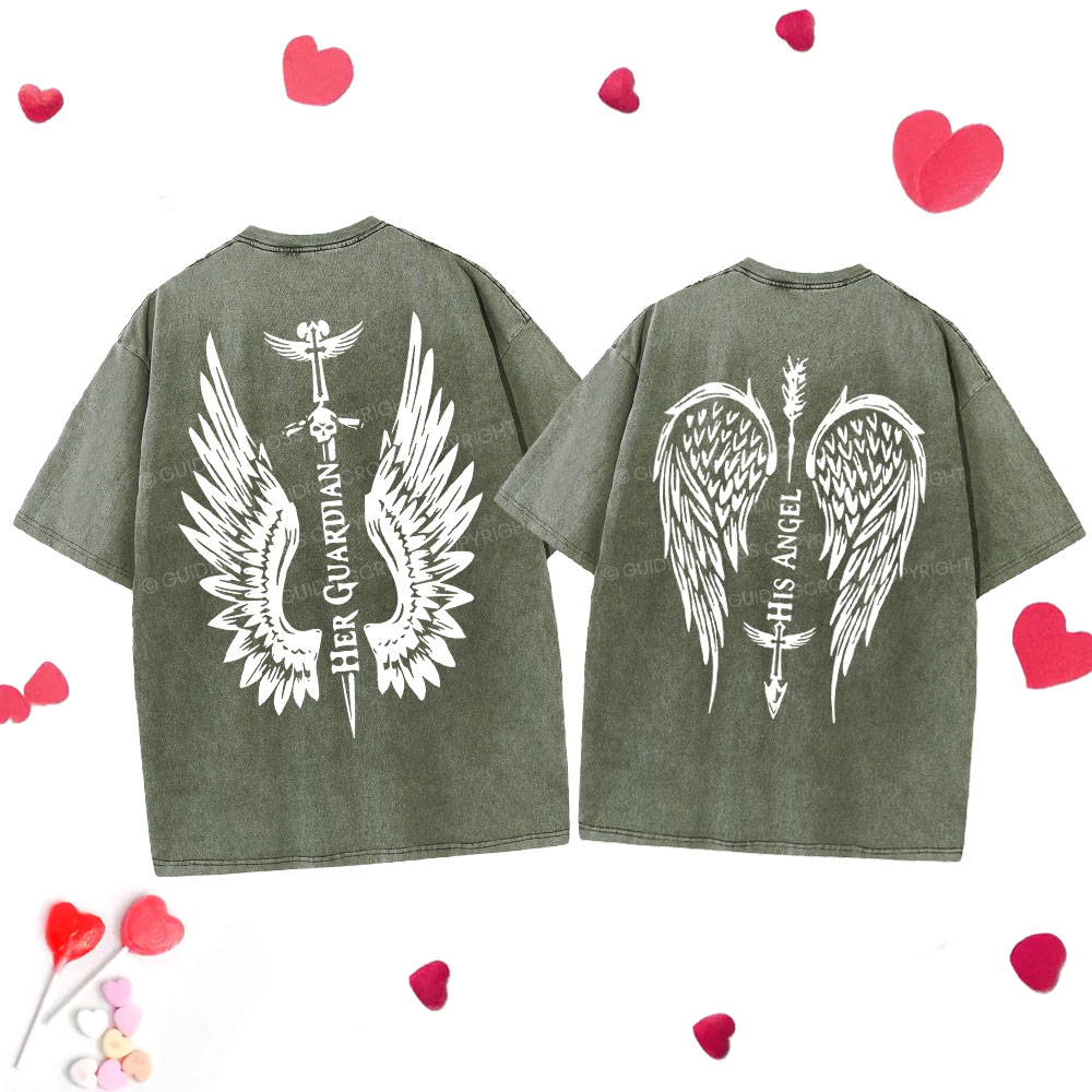 Personalized Her Guardian His Angel Christian Couple Washed T-Shirt