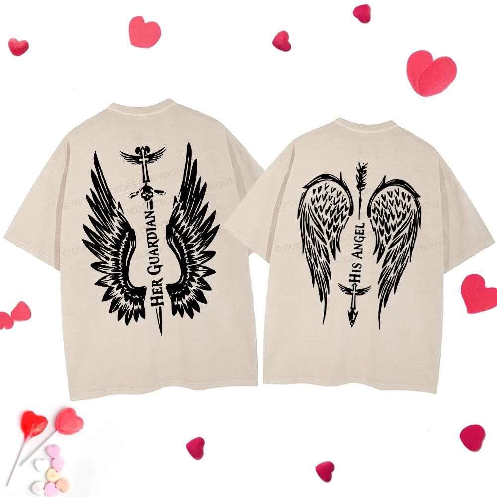 Personalized Her Guardian His Angel Christian Couple Washed T-Shirt