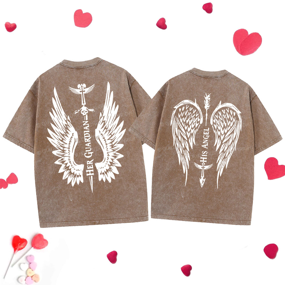 Personalized Her Guardian His Angel Christian Couple Washed T-Shirt
