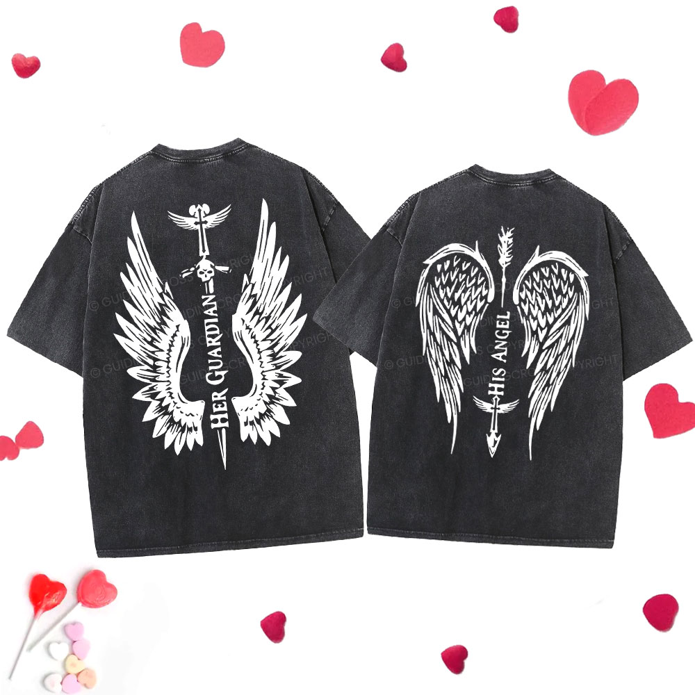 Personalized Her Guardian His Angel Christian Couple Washed T-Shirt