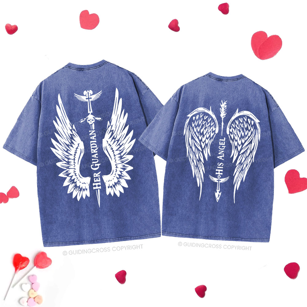 Personalized Her Guardian His Angel Christian Couple Washed T-Shirt