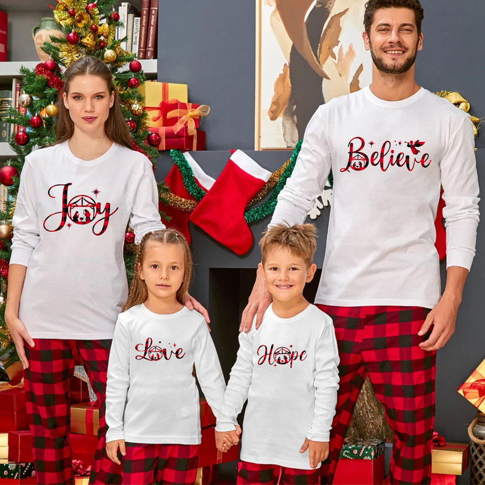 Personalized Hope Love Joy Believe Jesus Nativity Red Plaid Christmas Family Matching Long Sleeve T-Shirts