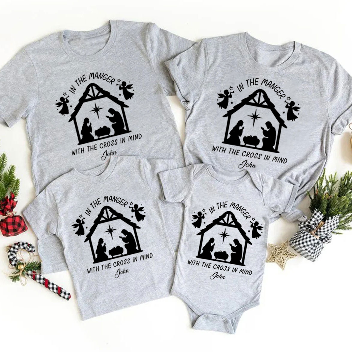 Personalized In The Manger With The Cross In Mind Christmas Family Matching Shirts
