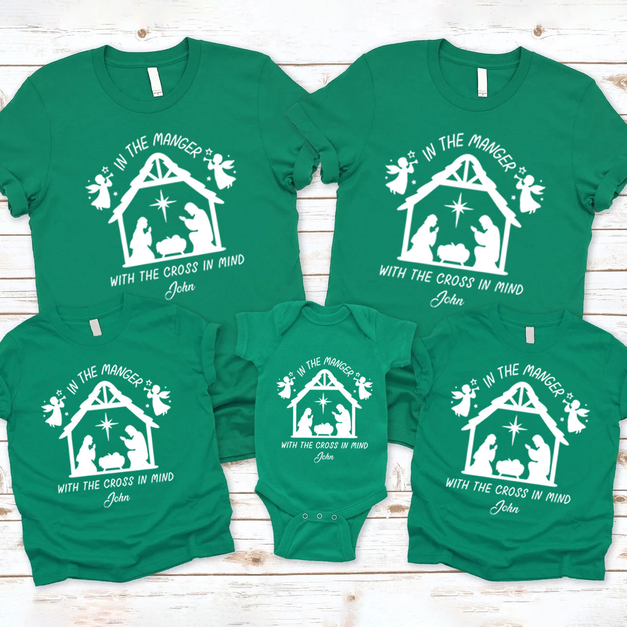 Personalized In The Manger With The Cross In Mind Christmas Family Matching Shirts