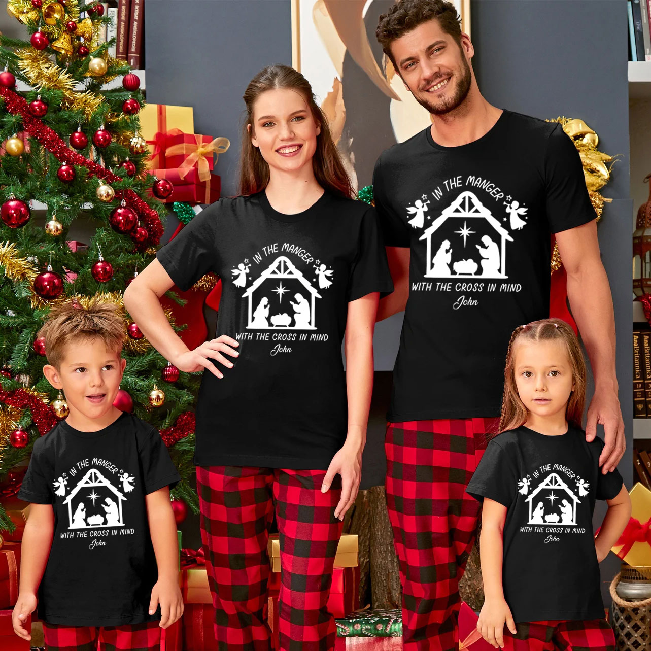 Personalized In The Manger With The Cross In Mind Christmas Family Matching Shirts