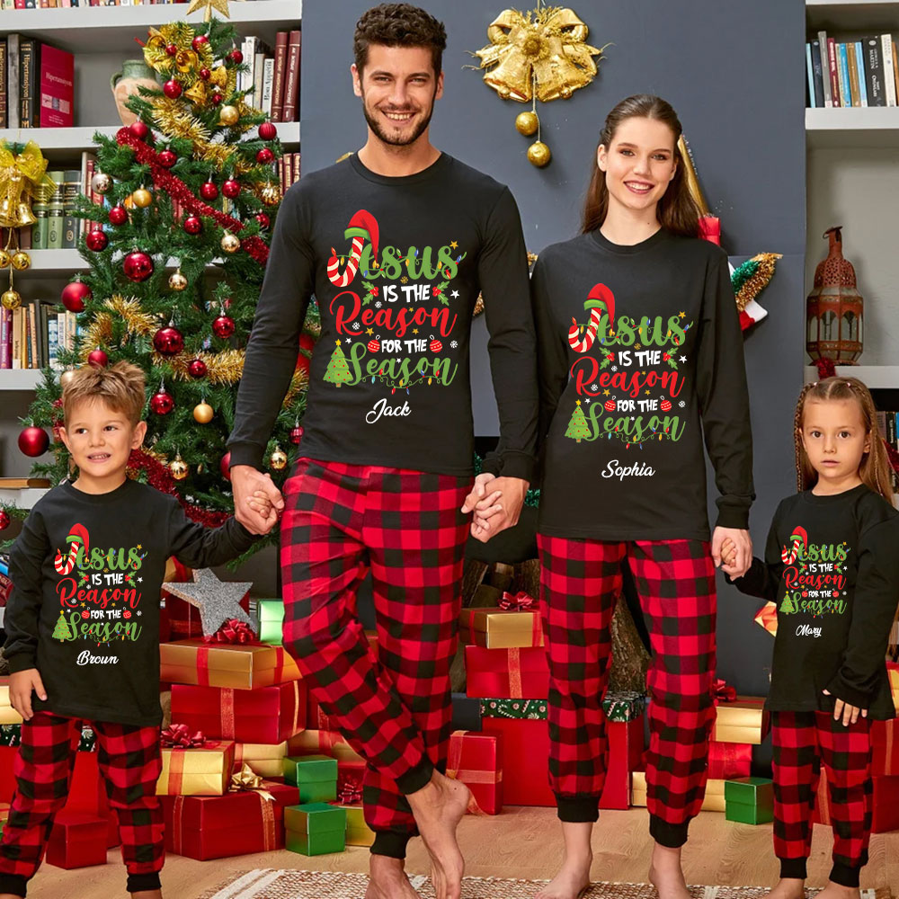 Personalized  Jesus Is The Reason For The Season Christian Christmas Family Matching Long Sleeve Shirts