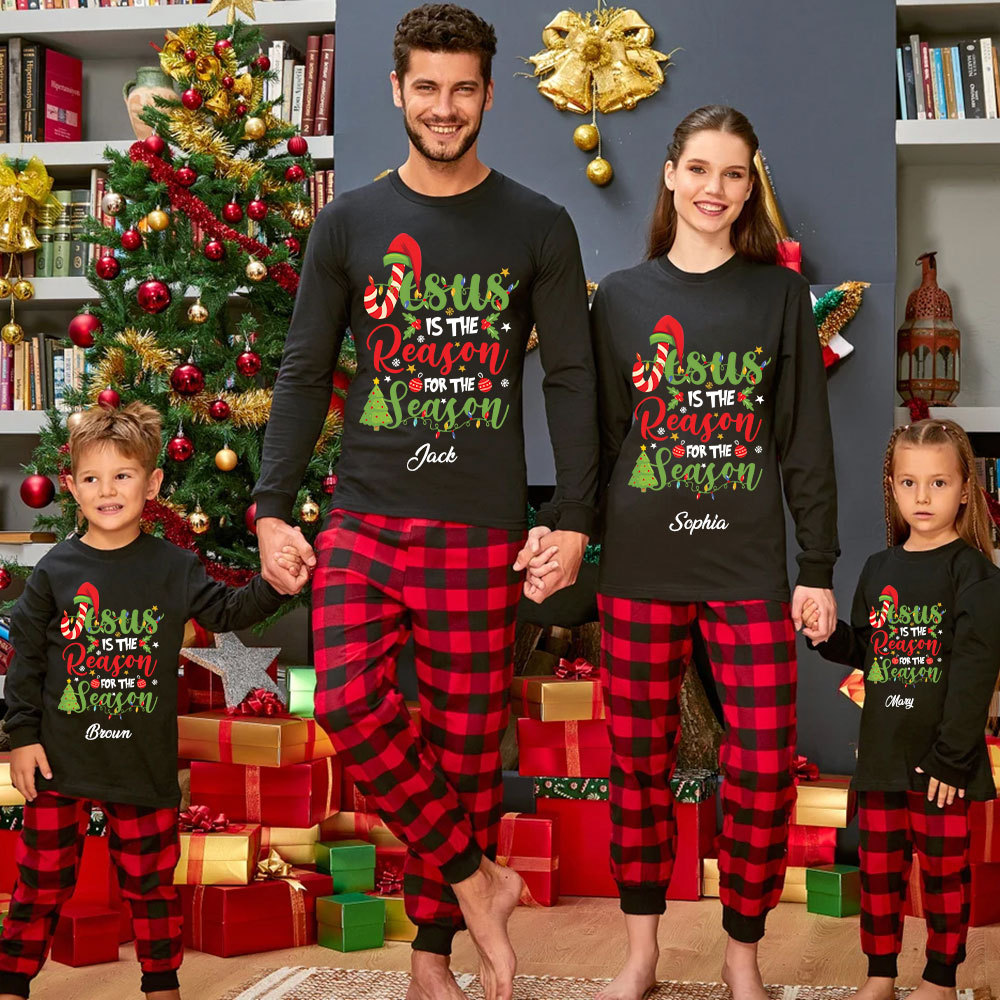 Personalized  Jesus Is The Reason For The Season Christian Christmas Family Matching Long Sleeve Shirts