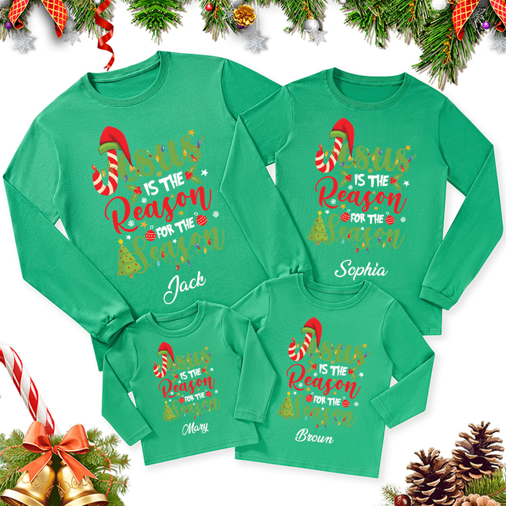 Personalized  Jesus Is The Reason For The Season Christian Christmas Family Matching Long Sleeve Shirts