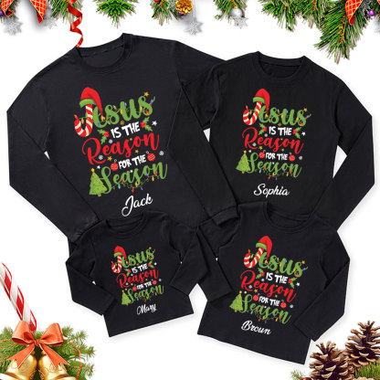 Personalized  Jesus Is The Reason For The Season Christian Christmas Family Matching Long Sleeve Shirts
