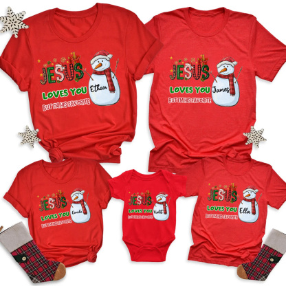 Personalized Jesus Loves You But I'm His Favorite Snowman Family Matching Shirts