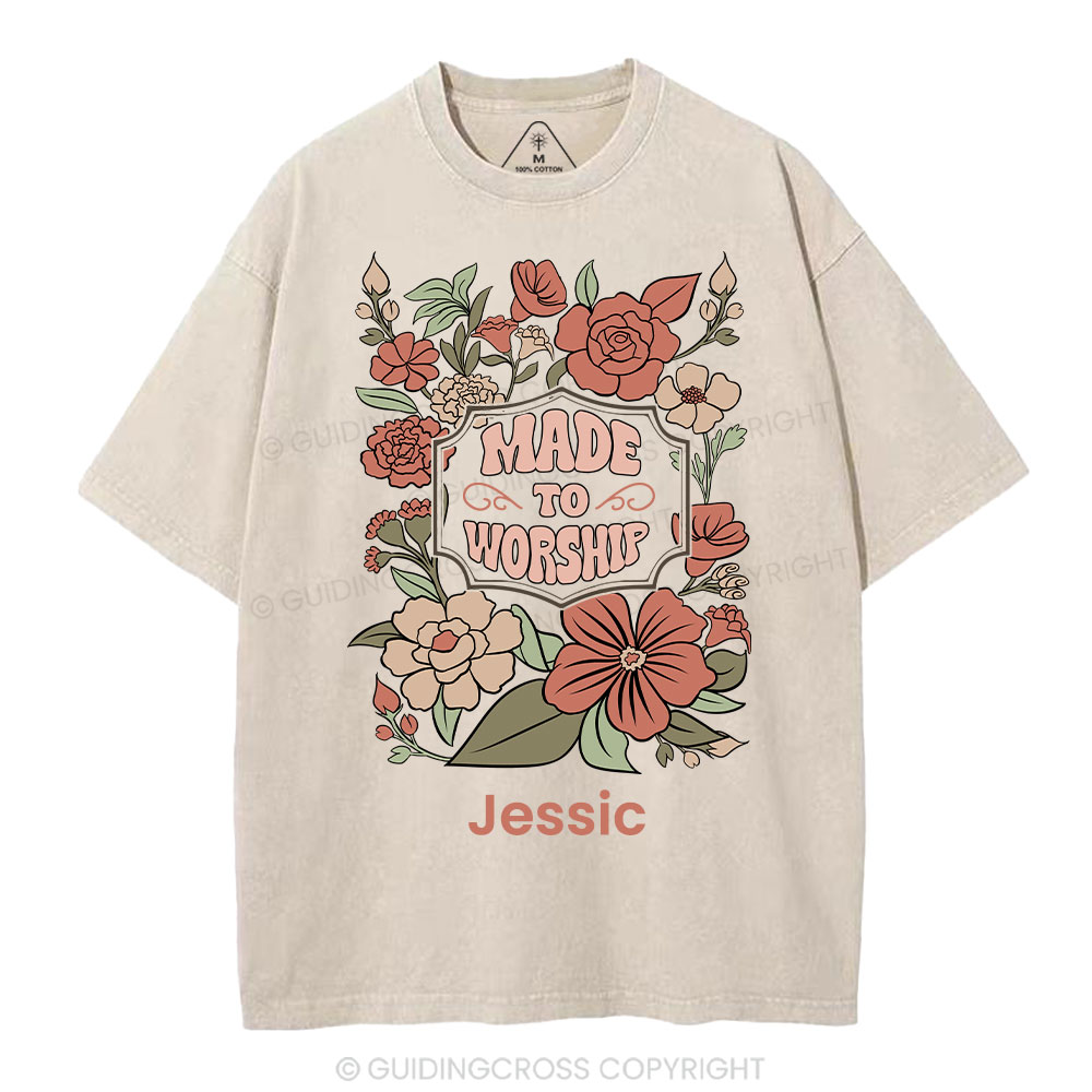 Personalized Made To Worship Retro Floral Christian Washed T-Shirt
