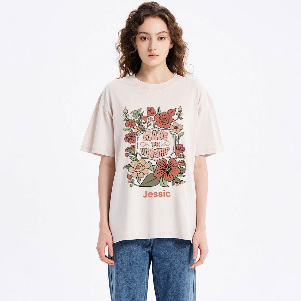 Personalized Made To Worship Retro Floral Christian Washed T-Shirt