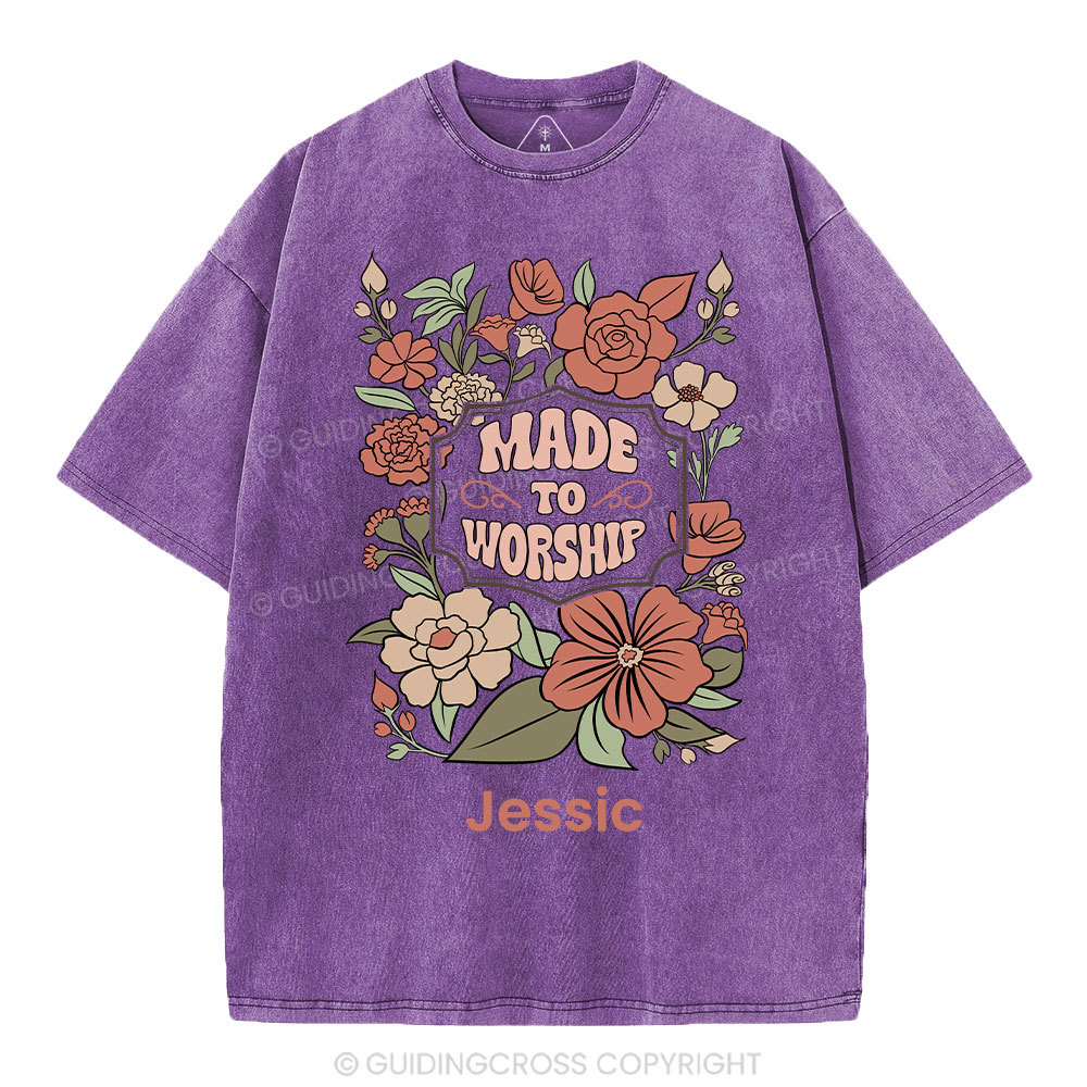 Personalized Made To Worship Retro Floral Christian Washed T-Shirt