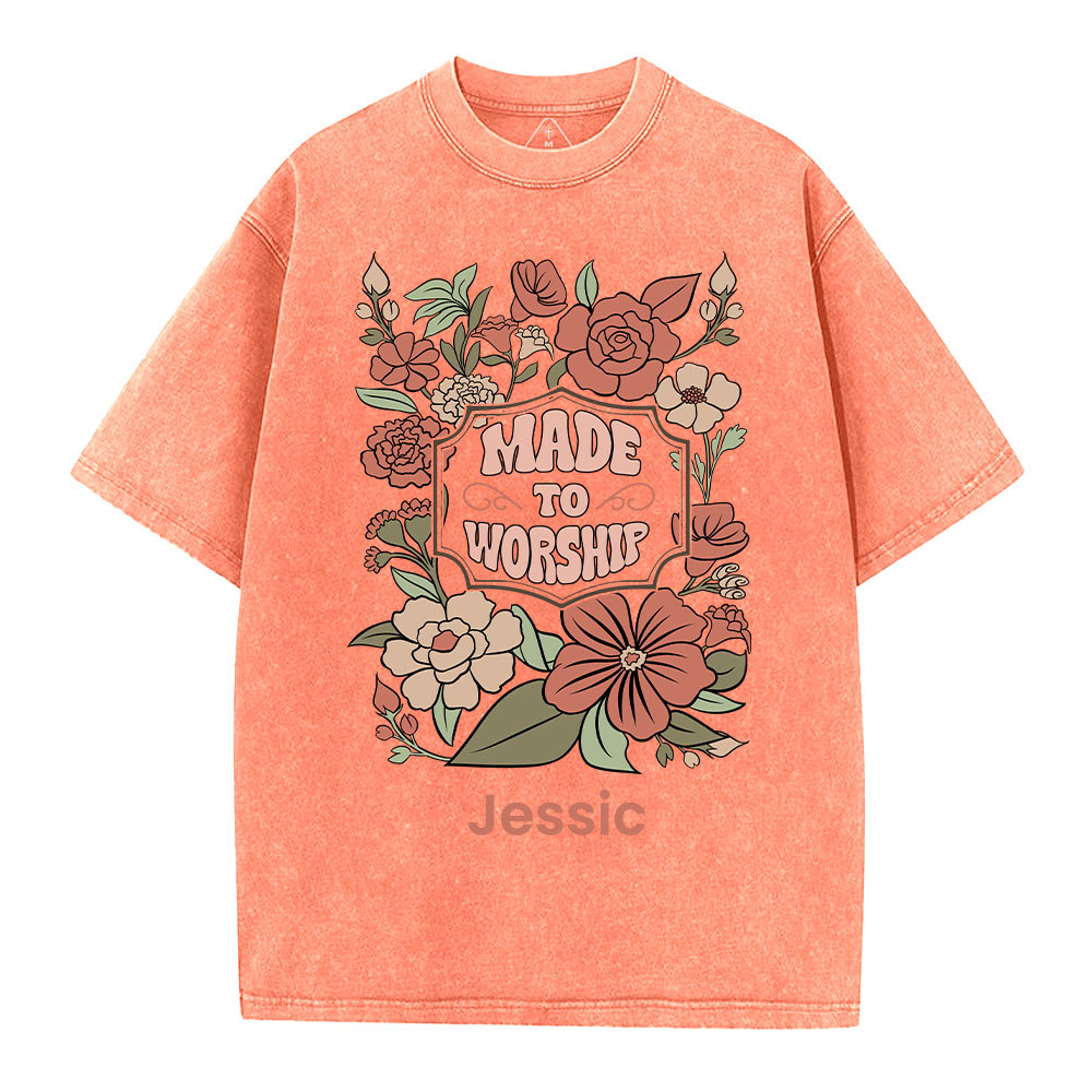 Personalized Made To Worship Retro Floral Christian Washed T-Shirt