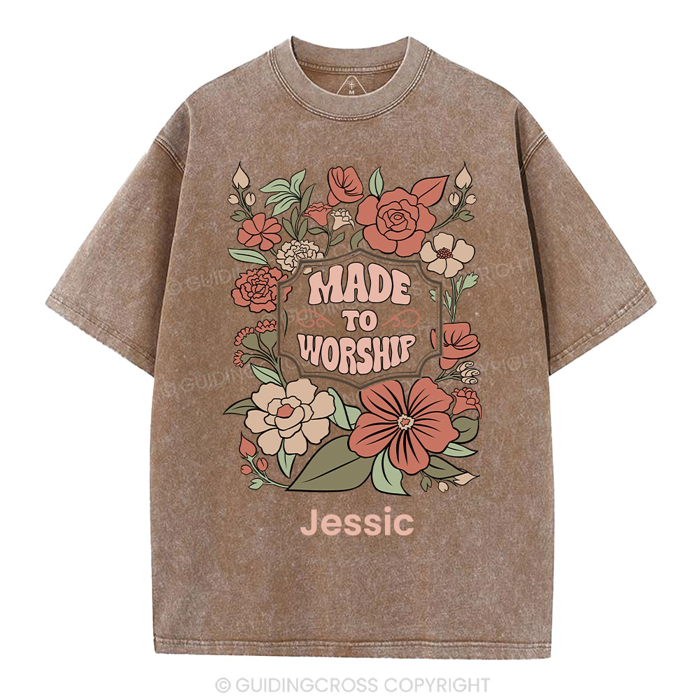 Personalized Made To Worship Retro Floral Christian Washed T-Shirt