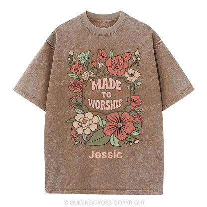 Personalized Made To Worship Retro Floral Christian Washed T-Shirt